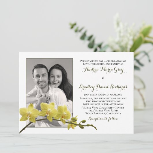 イエローオーキッドフラワーフォト結婚式招待状 招待状 (スタンド正面)
