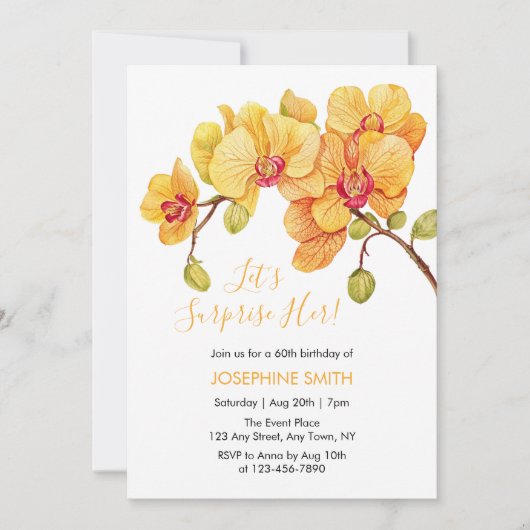 イエローオーキッドフラワーブロッサムサプライズ誕生日 招待状 (正面)