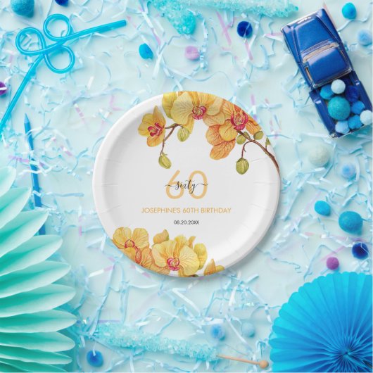 イエローオーキッドフラワーボタニカル誕生日 ペーパープレート (パーティー)