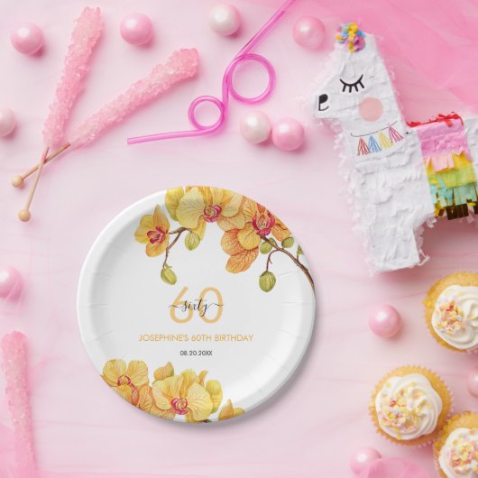 イエローオーキッドフラワーボタニカル誕生日 ペーパープレート (パーティー)