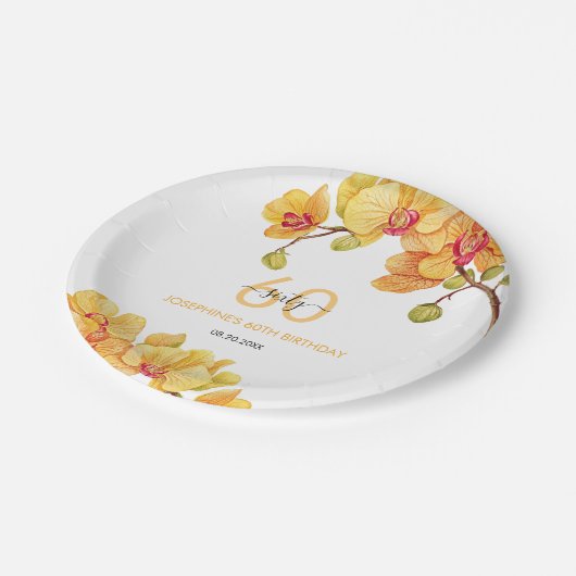 イエローオーキッドフラワーボタニカル誕生日 ペーパープレート (アングル)