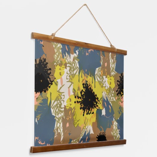 イエローオークル花模様 吊り下げ型タペストリー (傾斜あり)