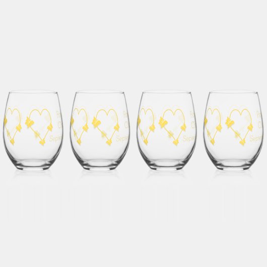 イエローカラーバタフライハート結婚デザイン ステムなしワイングラス (正面)