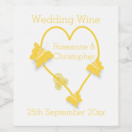 イエローカラーバタフライハート結婚デザイン ワインラベル (シングルラベル)