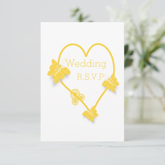 イエローカラーバタフライハート結婚デザイン 出欠カード (スタンド正面)