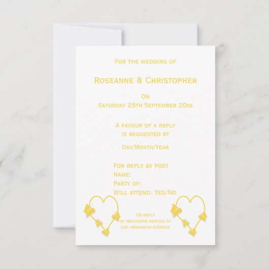 イエローカラーバタフライハート結婚デザイン 出欠カード (裏面)