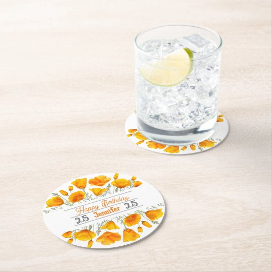 イエローカリフォルニアポピーパーソナライズされたズコースター ラウンドペーパーコースター (インサイチュ)