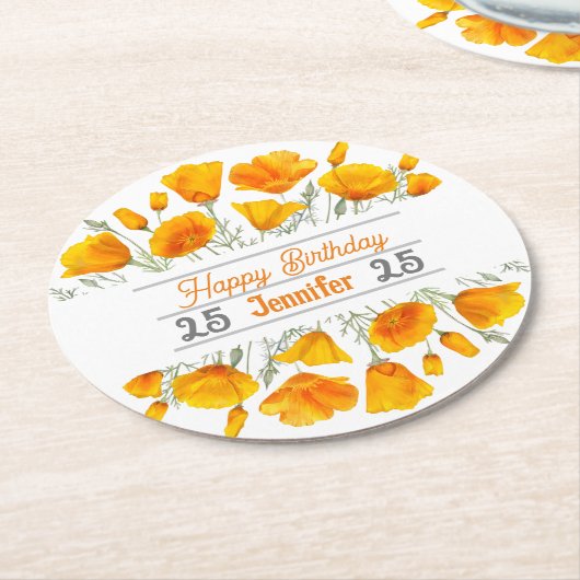 イエローカリフォルニアポピーパーソナライズされたズコースター ラウンドペーパーコースター (アングル)