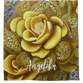 イエローガーデニアと金ゴールドグリッターと名前をカスタムする シャワーカーテン (正面)