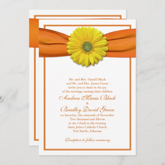 イエローガーベラとオレンジリボン招待状 招待状 (正面/裏面)