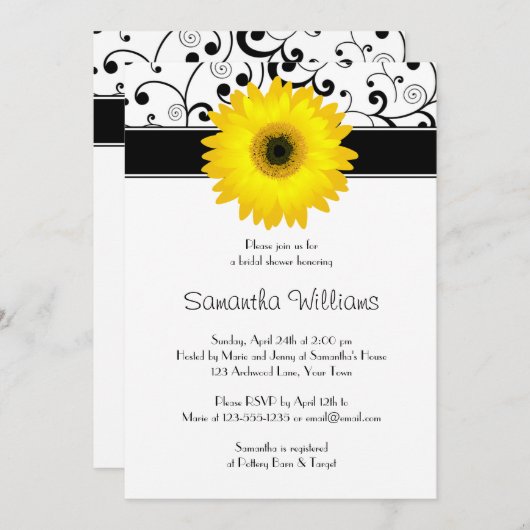 イエローガーベラデイジーブラックスクロールブライダルシャワー 招待状 (正面/裏面)