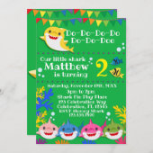 イエローキッズシャークグリーン誕生日 招待状 (正面/裏面)