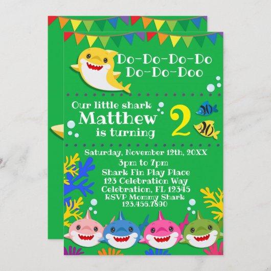 イエローキッズシャークグリーン誕生日 招待状 (正面/裏面)
