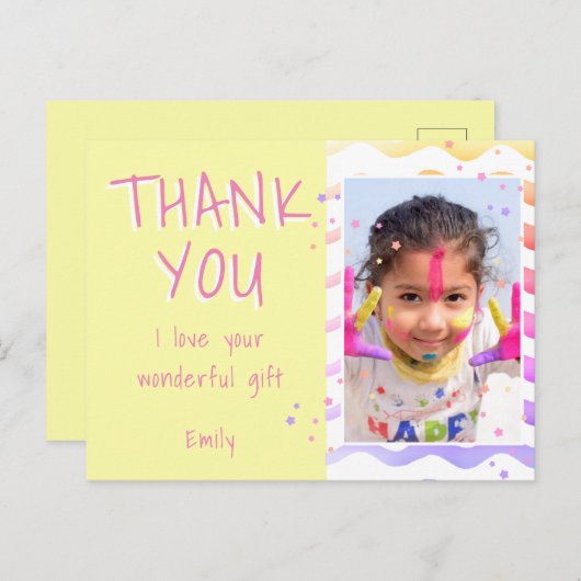 イエローキッズフォトガール誕生日ありがとうポストカード ポストカード (正面/裏面)