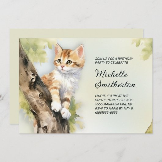 イエローキッテンツリーガールズウィメンズ誕生日 招待状 (正面/裏面)
