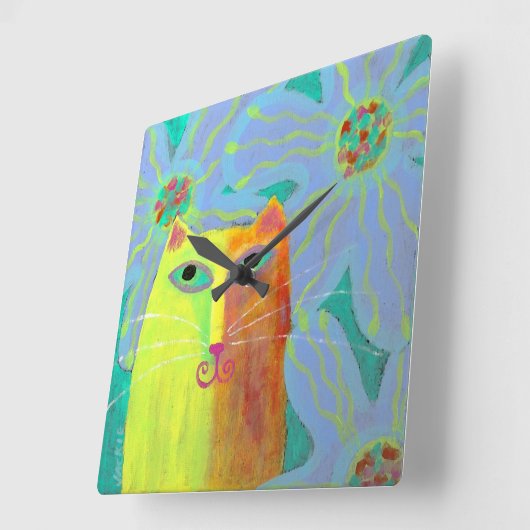 イエローキャットと花抽象芸術アートラウンドクロック スクエア壁時計 (傾斜)