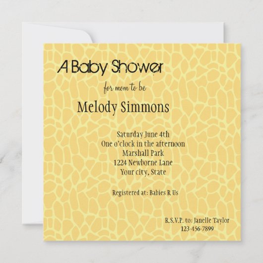 イエローキリンプリントベビーシャワー招待状 招待状 (裏面)