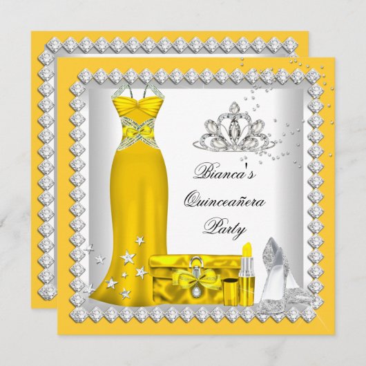 イエローキンセアニェラ15thティアラ誕生日パーティー 招待状 (正面/裏面)