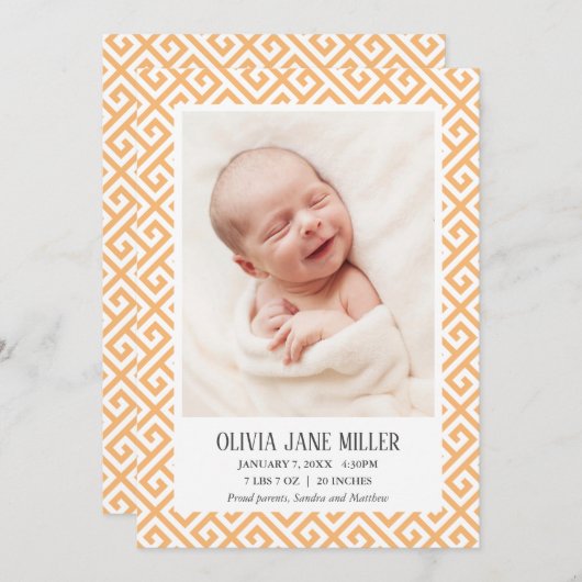 イエローギリシャ鍵ベビー誕生発表写真 案内状 (正面/裏面)