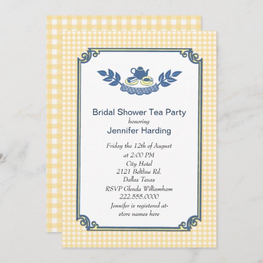 イエローギンガムブライダルシャワーティーパーティの招待状 招待状 (正面/裏面)