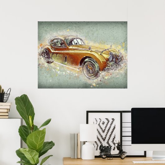 イエロークラシックスポーツカータイムレス自動車芸術 ポスター (ホームオフィス)