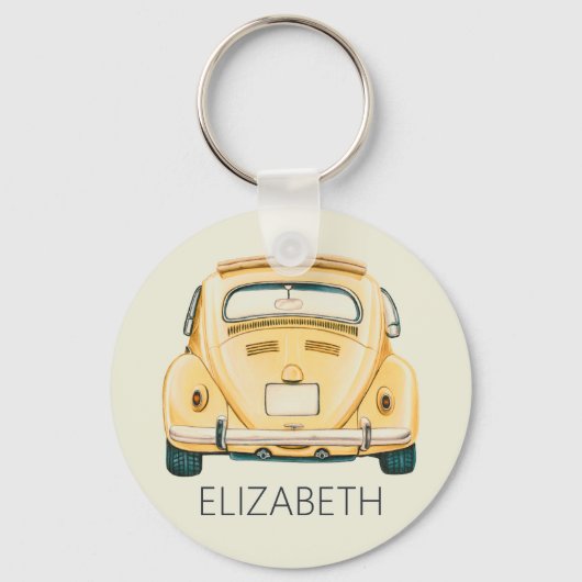 イエロークラシックヴィンテージ乳母車バグカーパーソナライズされた キーホルダー (正面)