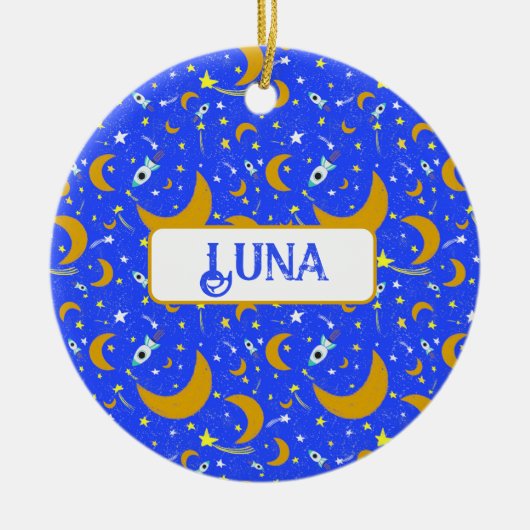 イエロークレセント衛星射撃、 発砲スター宇宙ロケット セラミックオーナメント (正面)