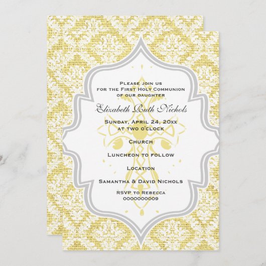 イエロークロスホワイトダマスクバーラップ第一聖餐式 招待状 (正面/裏面)