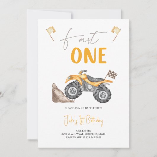 イエロークワッドバイクファストワン誕生日招待状 招待状 (正面)