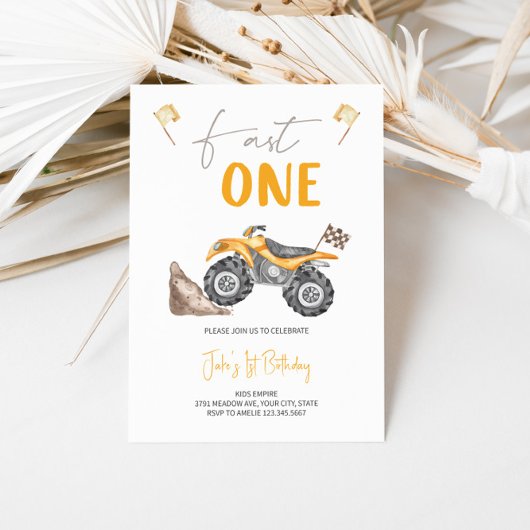 イエロークワッドバイクファストワン誕生日招待状 招待状