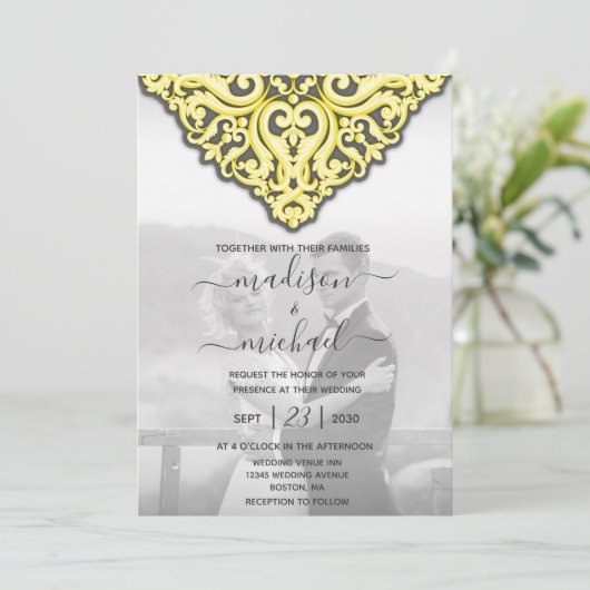 イエローグエレガントレーダマスクの結婚式 招待状 (スタンド正面)