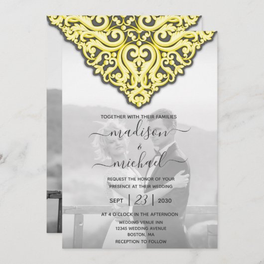 イエローグエレガントレーダマスクの結婚式 招待状 (正面/裏面)