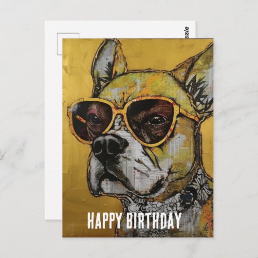 イエローグラスミックスメディア誕生日コラージュの犬 ポストカード (正面/裏面)