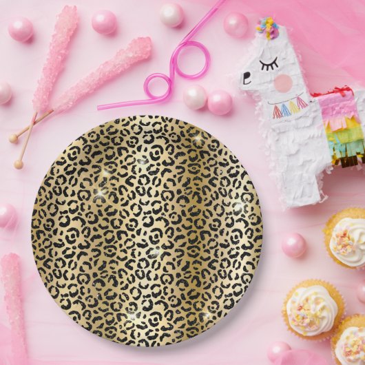 イエローグラム金ゴールドブラックグリッターヒョウ ペーパープレート (パーティー)