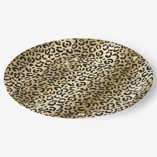 イエローグラム金ゴールドブラックグリッターヒョウ ペーパープレート (アングル)