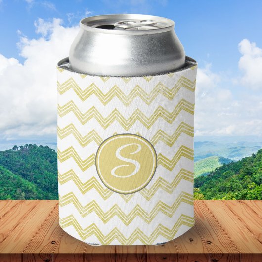 イエローグリッターのシェブロン+モノグラム 缶クーラー