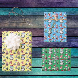 イエローグリーンとブルーが可愛いクリスマスペンギン ラッピングペーパーシート