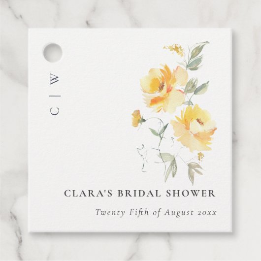 イエローグリーンの水彩ローズフラワー ブライダルシャワー フェイバータグ (正面)