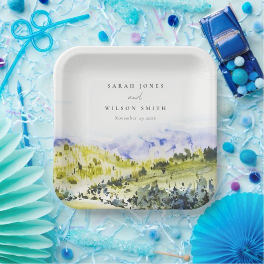 イエローグリーンウォーターカラーカントリーサイドヒルズウェディン ペーパープレート (パーティー)