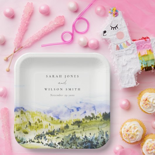 イエローグリーンウォーターカラーカントリーサイドヒルズウェディン ペーパープレート (パーティー)