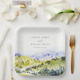 イエローグリーンウォーターカラーカントリーサイドヒルズウェディン ペーパープレート