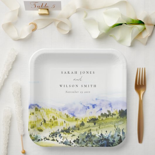 イエローグリーンウォーターカラーカントリーサイドヒルズウェディン ペーパープレート (ウェディング)