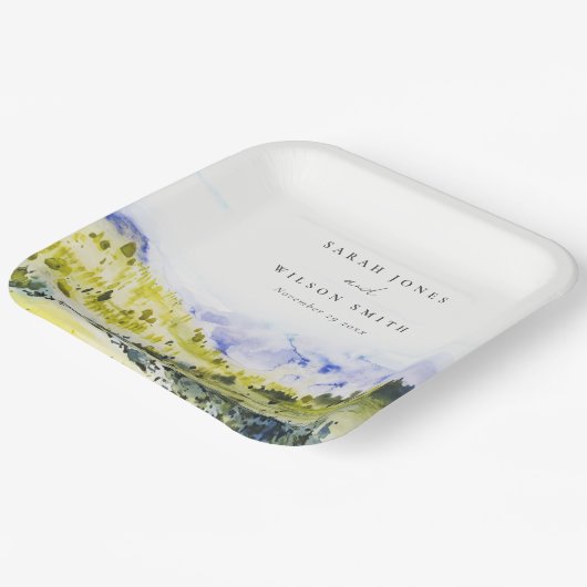 イエローグリーンウォーターカラーカントリーサイドヒルズウェディン ペーパープレート (傾斜あり)