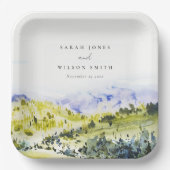 イエローグリーンウォーターカラーカントリーサイドヒルズウェディン ペーパープレート (正面)