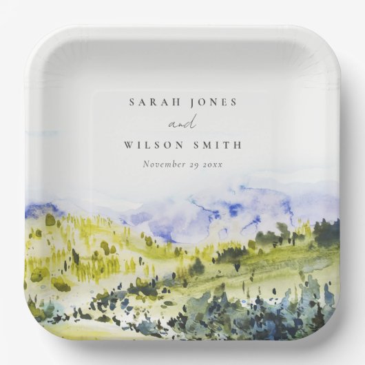 イエローグリーンウォーターカラーカントリーサイドヒルズウェディン ペーパープレート (正面)