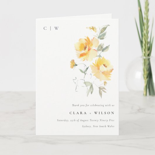 イエローグリーンウォーターバラフラワーバンチ結婚ーズ サンキューカード (正面)