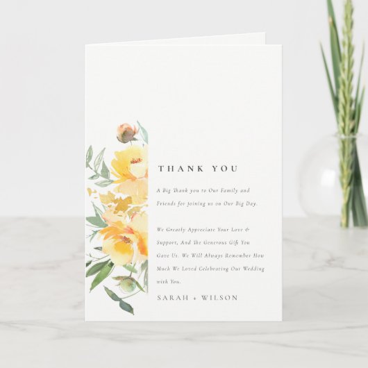 イエローグリーンウォーターバラフラワーバンチ結婚ーズ サンキューカード (正面)