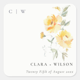 イエローグリーンウォーターバラフラワーバンチ結婚ーズ スクエアシール