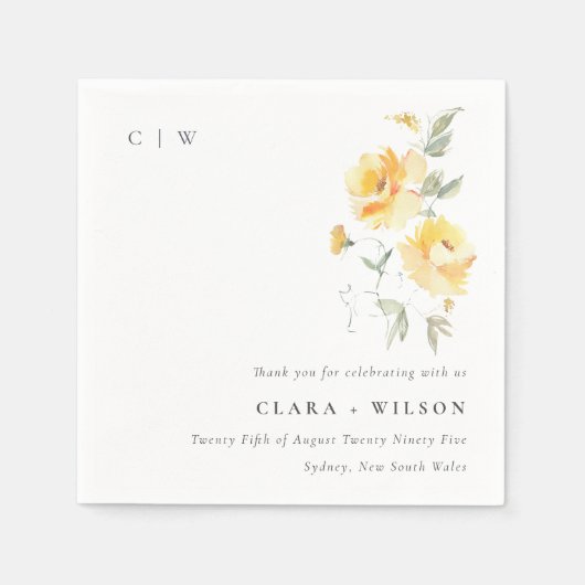 イエローグリーンウォーターバラフラワーバンチ結婚ーズ スタンダードカクテルナプキン (正面)