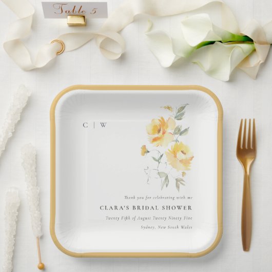 イエローグリーンウォーターバラフラワーバンチ結婚ーズ ペーパープレート (ウェディング)